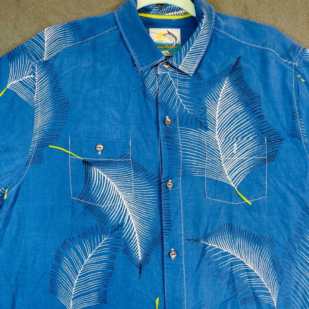 Tommy Bahama Silk Shirt Men's Medium Blue Palm Leaf Print Island Modern Fit